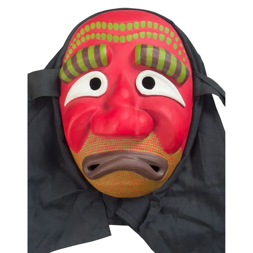 Traditional Korean  Wooden Face Mask with Hood‎ Hand Carved Red Old Monk